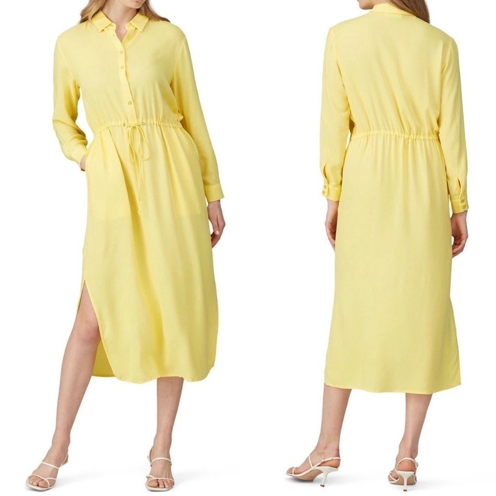 Sita Murt Yellow Linen Blend Button Front Drawstring Waist Midi Shirt Dress 36/4